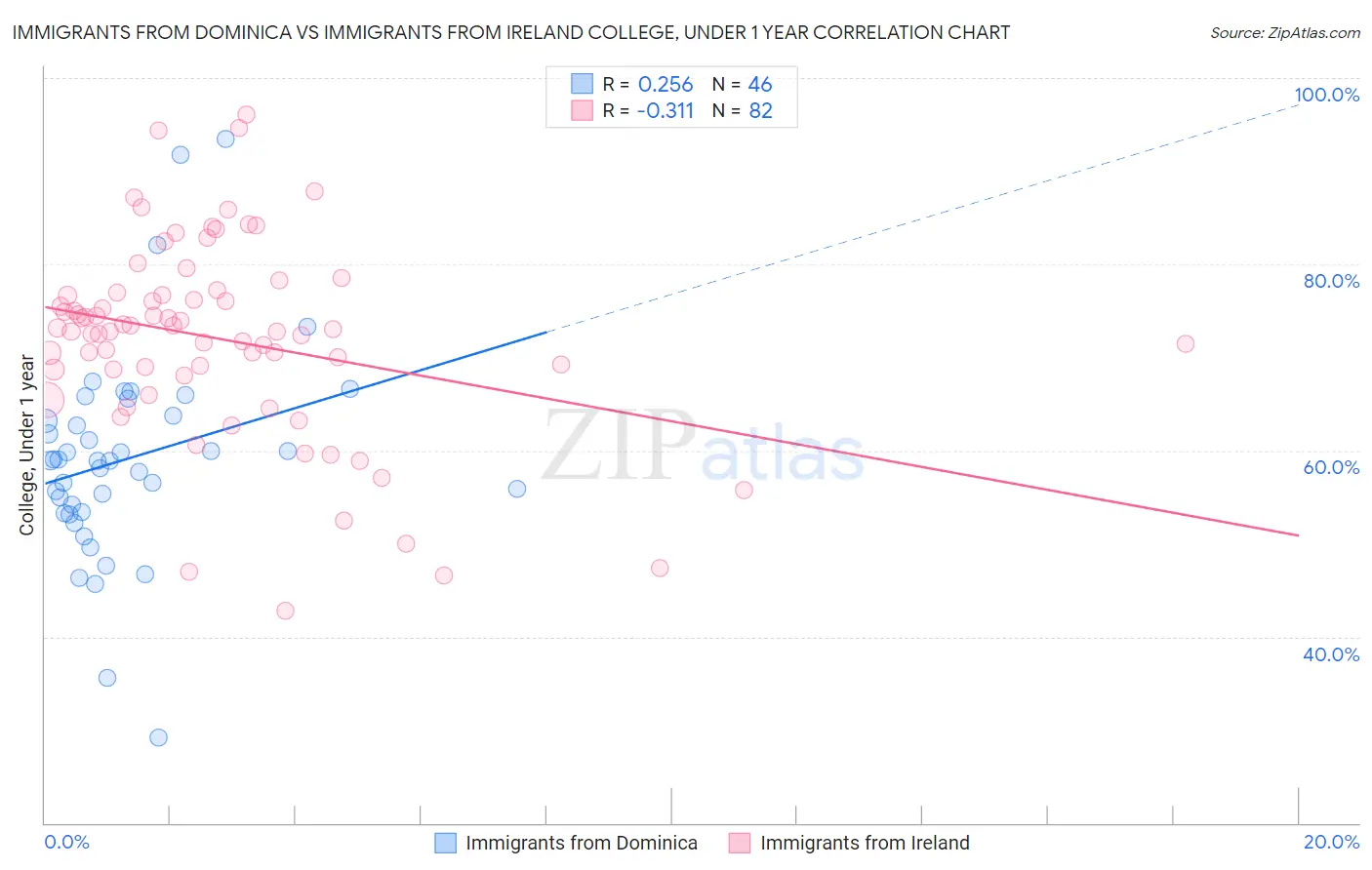 Immigrants from Dominica vs Immigrants from Ireland College, Under 1 year