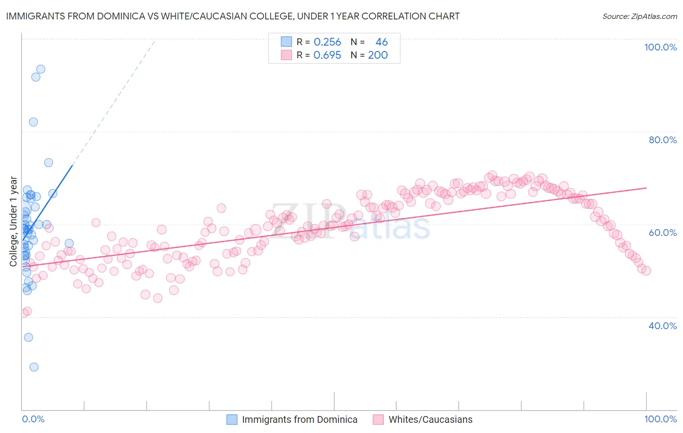 Immigrants from Dominica vs White/Caucasian College, Under 1 year