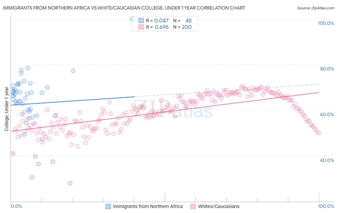 Immigrants from Northern Africa vs White/Caucasian College, Under 1 year