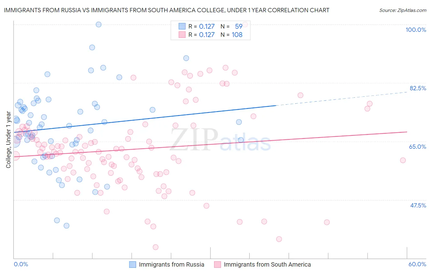 Immigrants from Russia vs Immigrants from South America College, Under 1 year