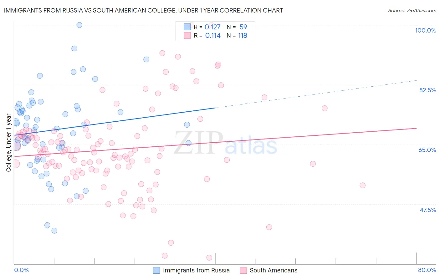 Immigrants from Russia vs South American College, Under 1 year