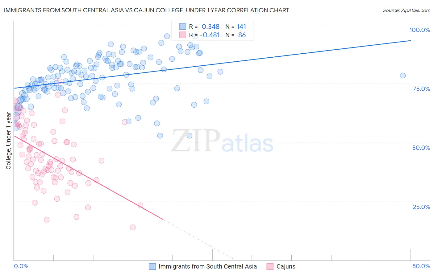 Immigrants from South Central Asia vs Cajun College, Under 1 year
