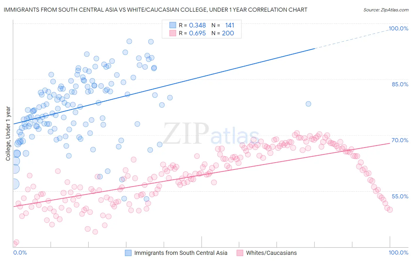 Immigrants from South Central Asia vs White/Caucasian College, Under 1 year