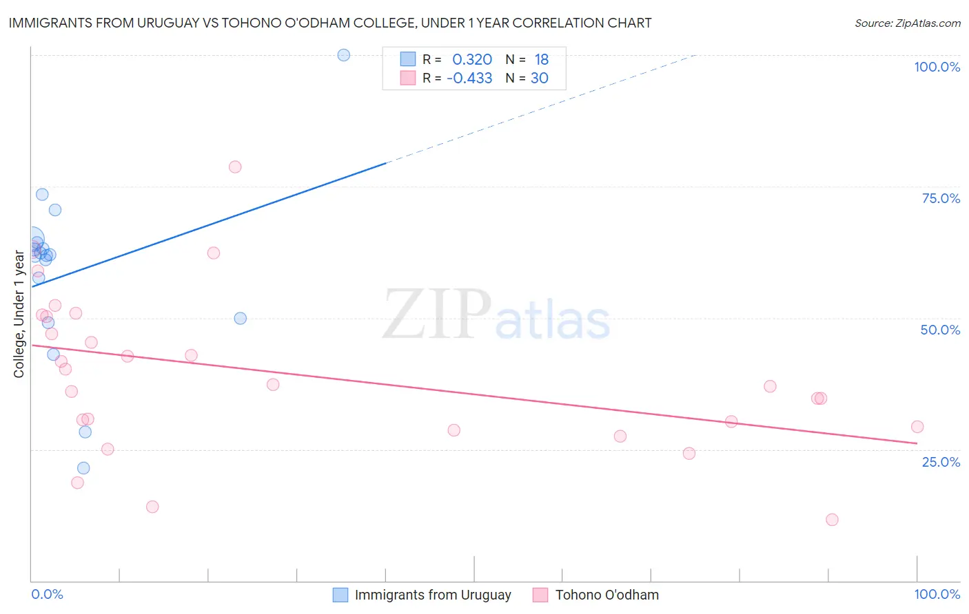 Immigrants from Uruguay vs Tohono O'odham College, Under 1 year