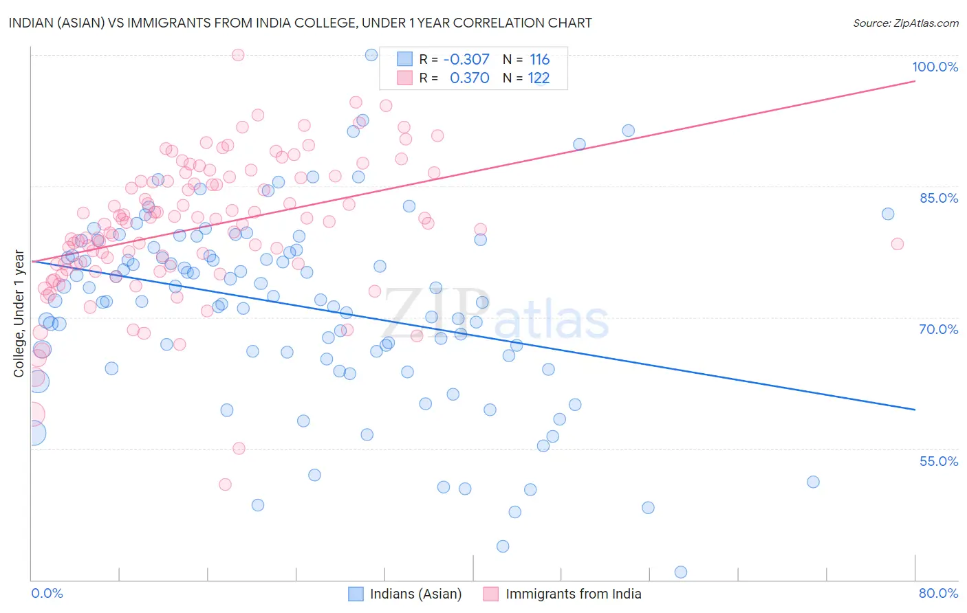 Indian (Asian) vs Immigrants from India College, Under 1 year