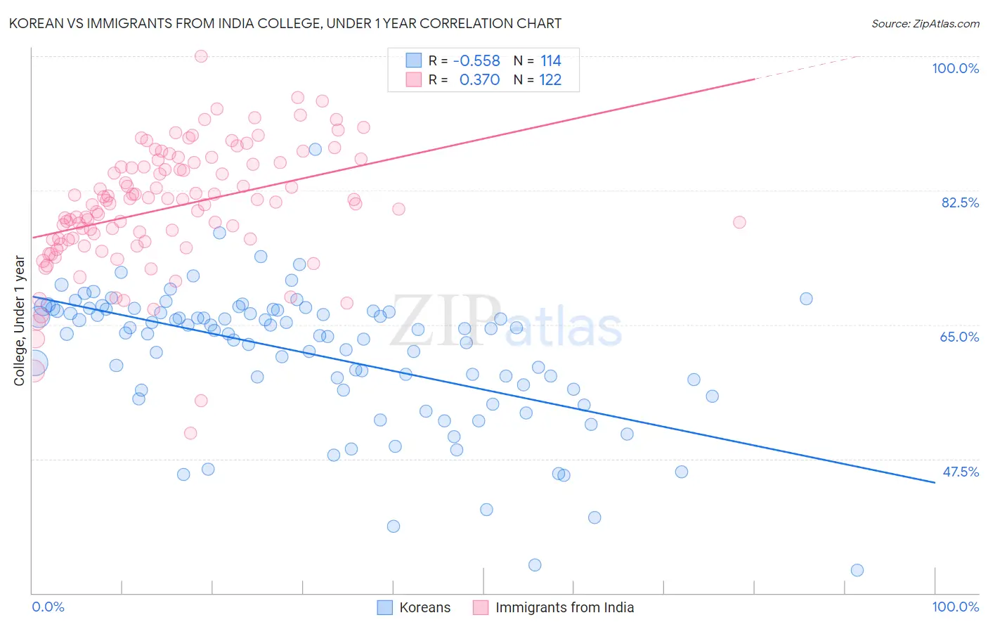 Korean vs Immigrants from India College, Under 1 year