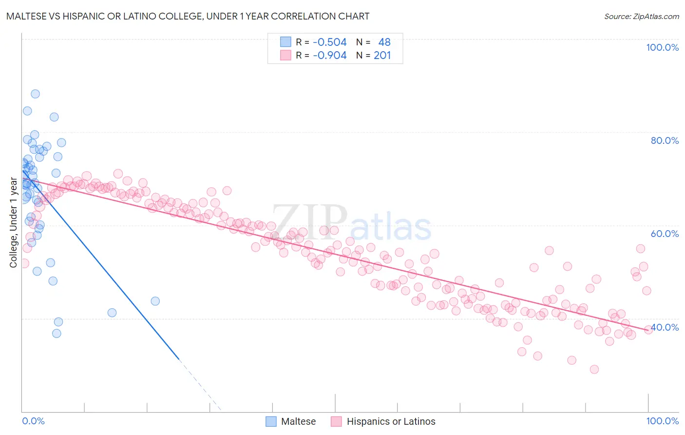 Maltese vs Hispanic or Latino College, Under 1 year