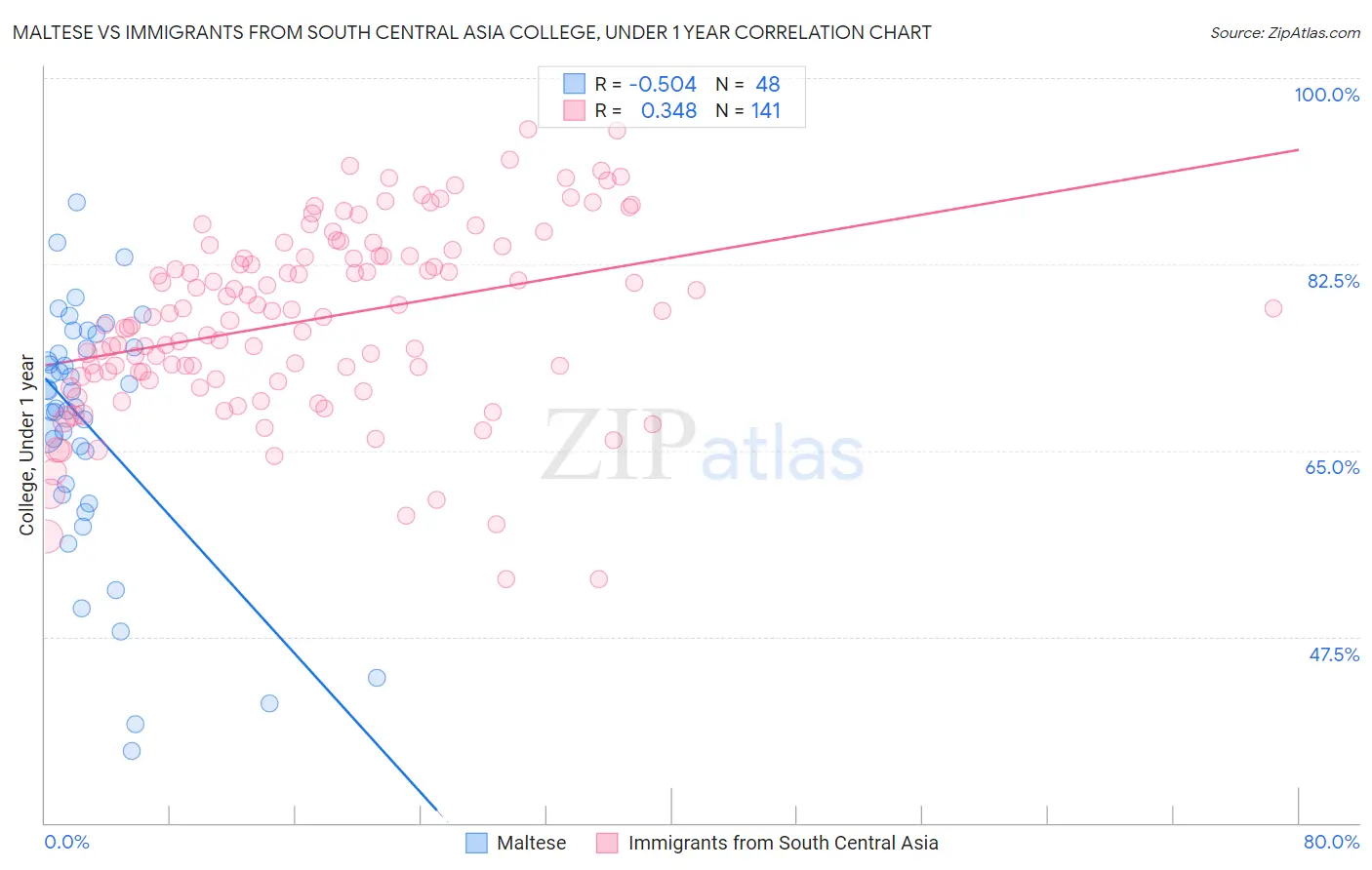 Maltese vs Immigrants from South Central Asia College, Under 1 year