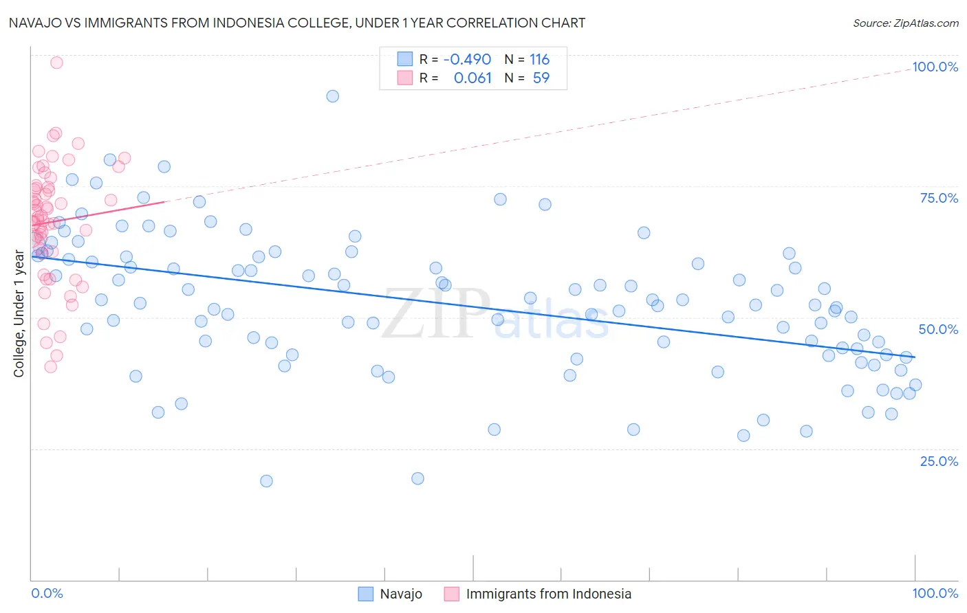 Navajo vs Immigrants from Indonesia College, Under 1 year