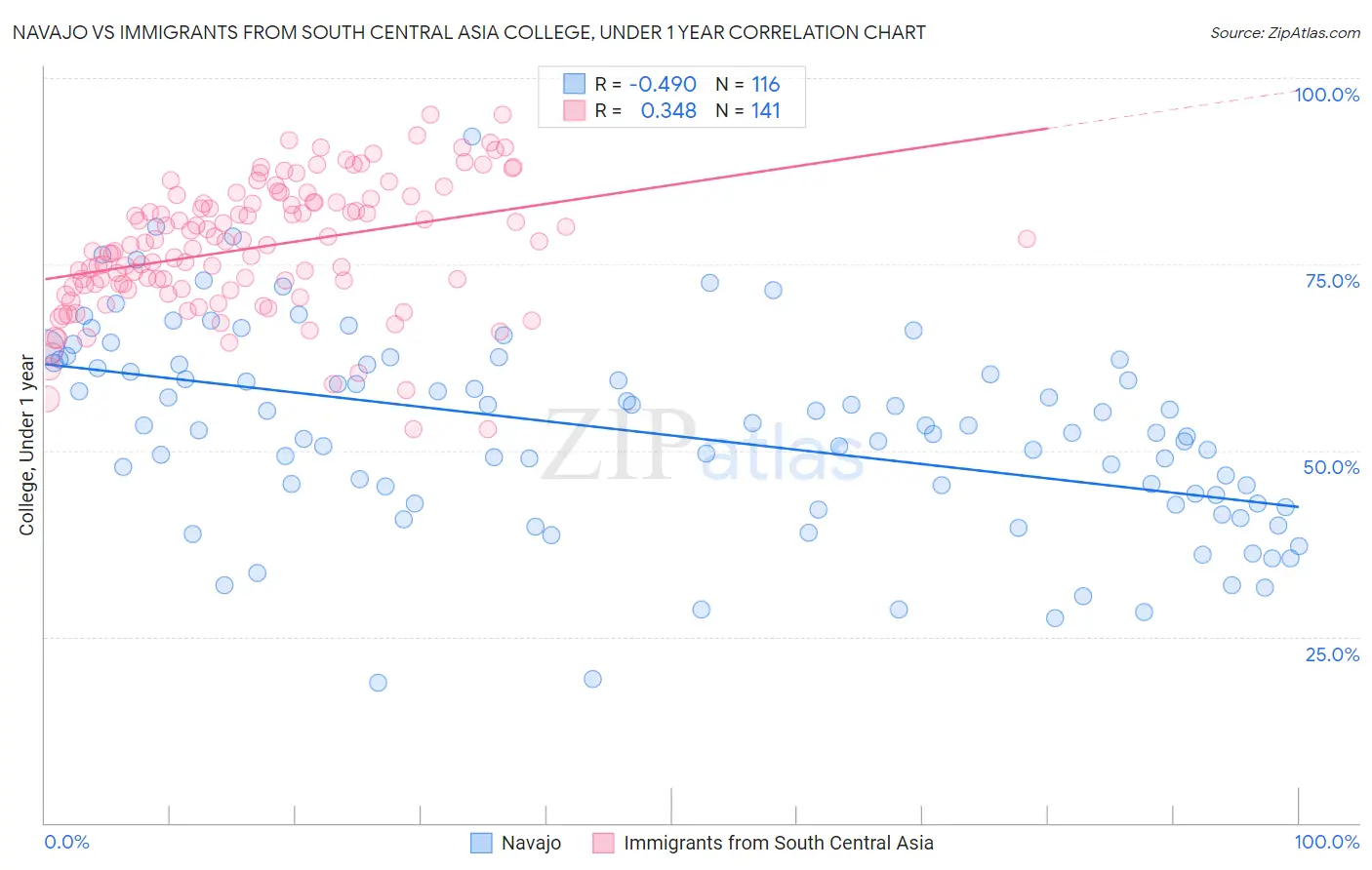 Navajo vs Immigrants from South Central Asia College, Under 1 year