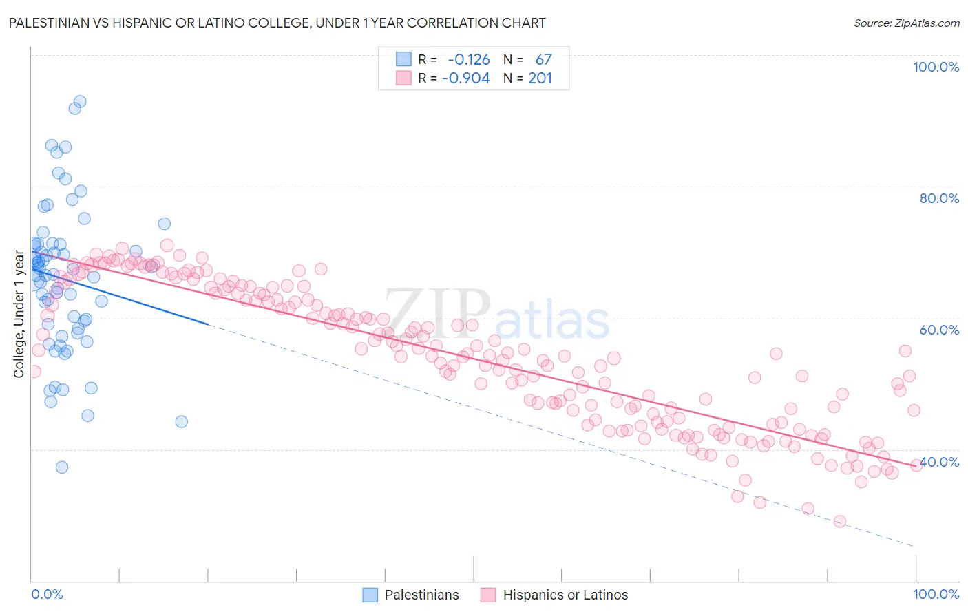 Palestinian vs Hispanic or Latino College, Under 1 year