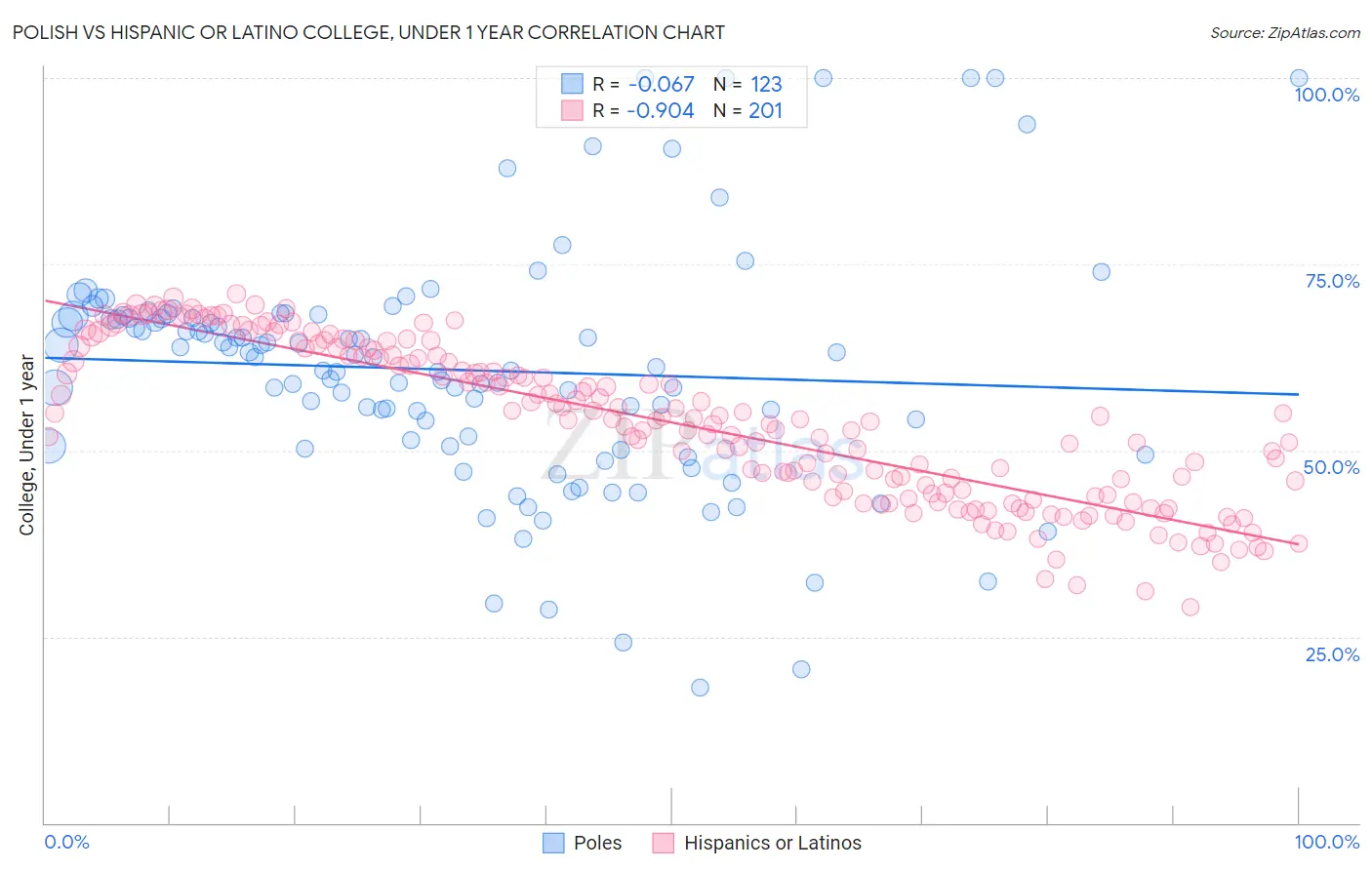 Polish vs Hispanic or Latino College, Under 1 year