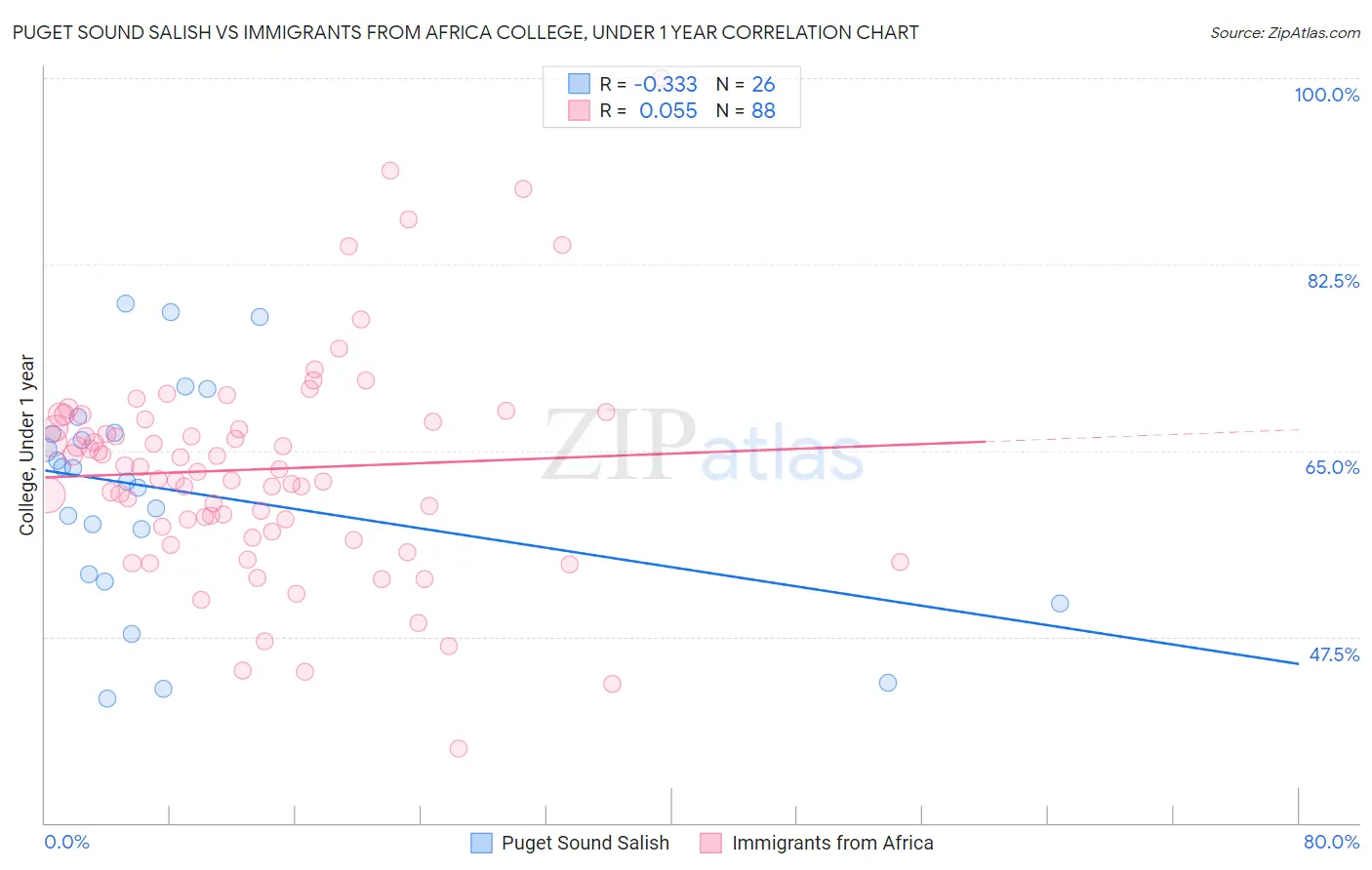 Puget Sound Salish vs Immigrants from Africa College, Under 1 year