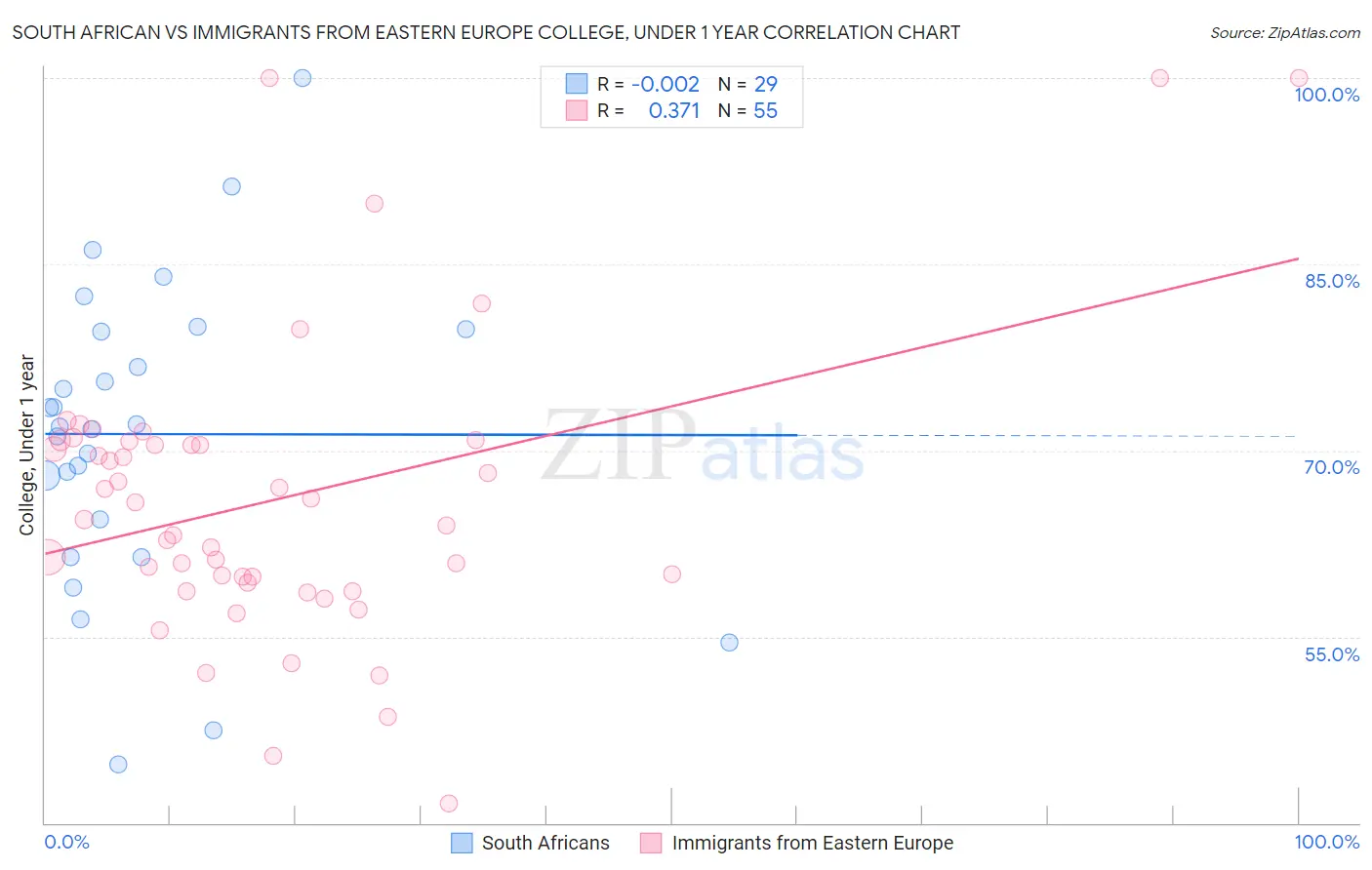 South African vs Immigrants from Eastern Europe College, Under 1 year