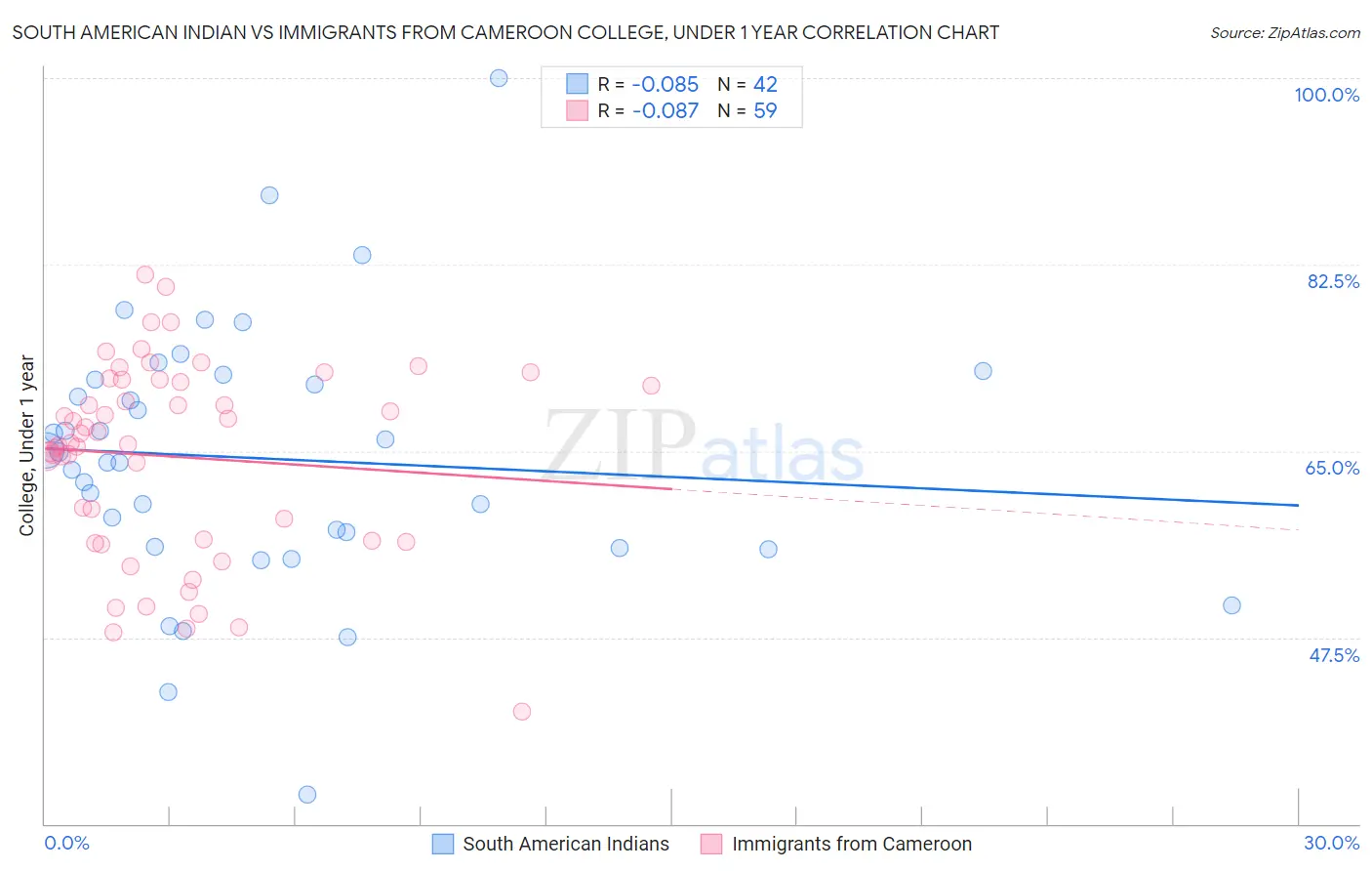 South American Indian vs Immigrants from Cameroon College, Under 1 year