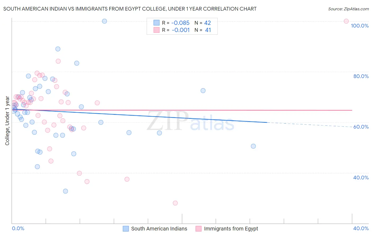 South American Indian vs Immigrants from Egypt College, Under 1 year