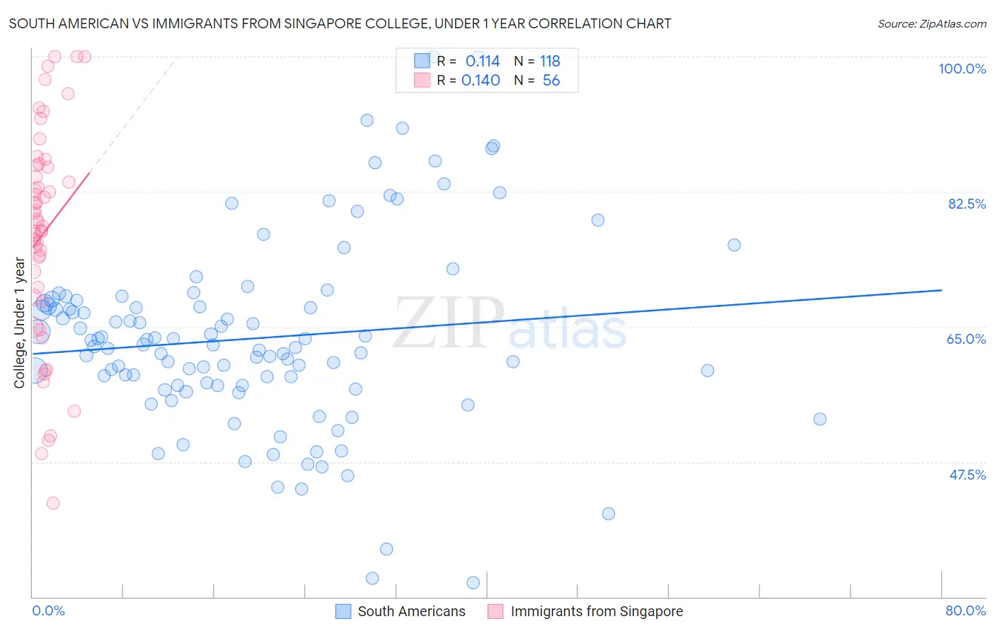 South American vs Immigrants from Singapore College, Under 1 year