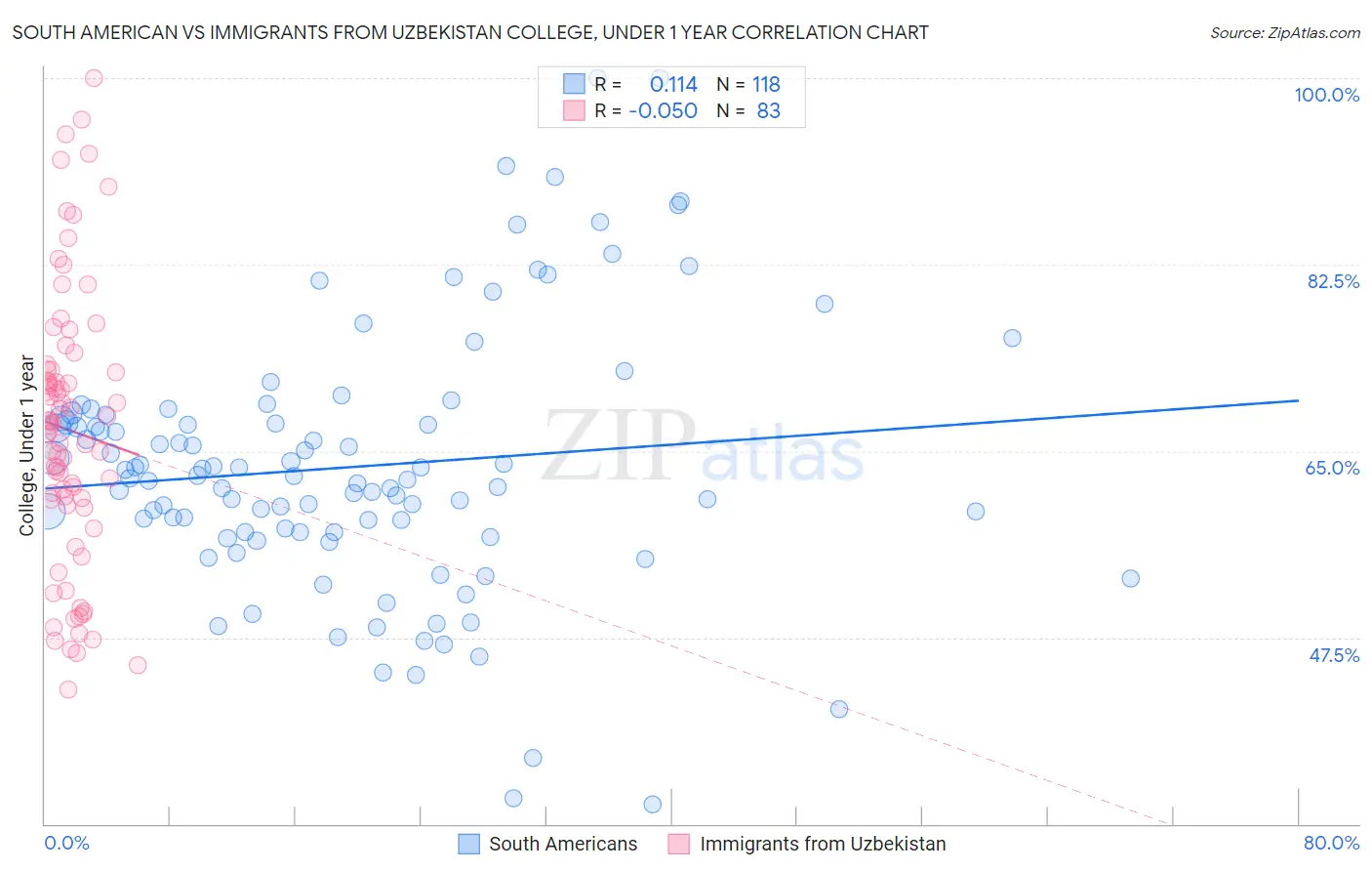 South American vs Immigrants from Uzbekistan College, Under 1 year