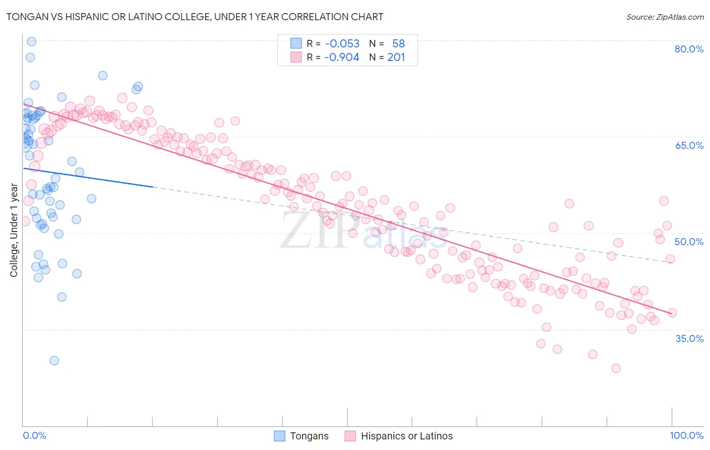 Tongan vs Hispanic or Latino College, Under 1 year