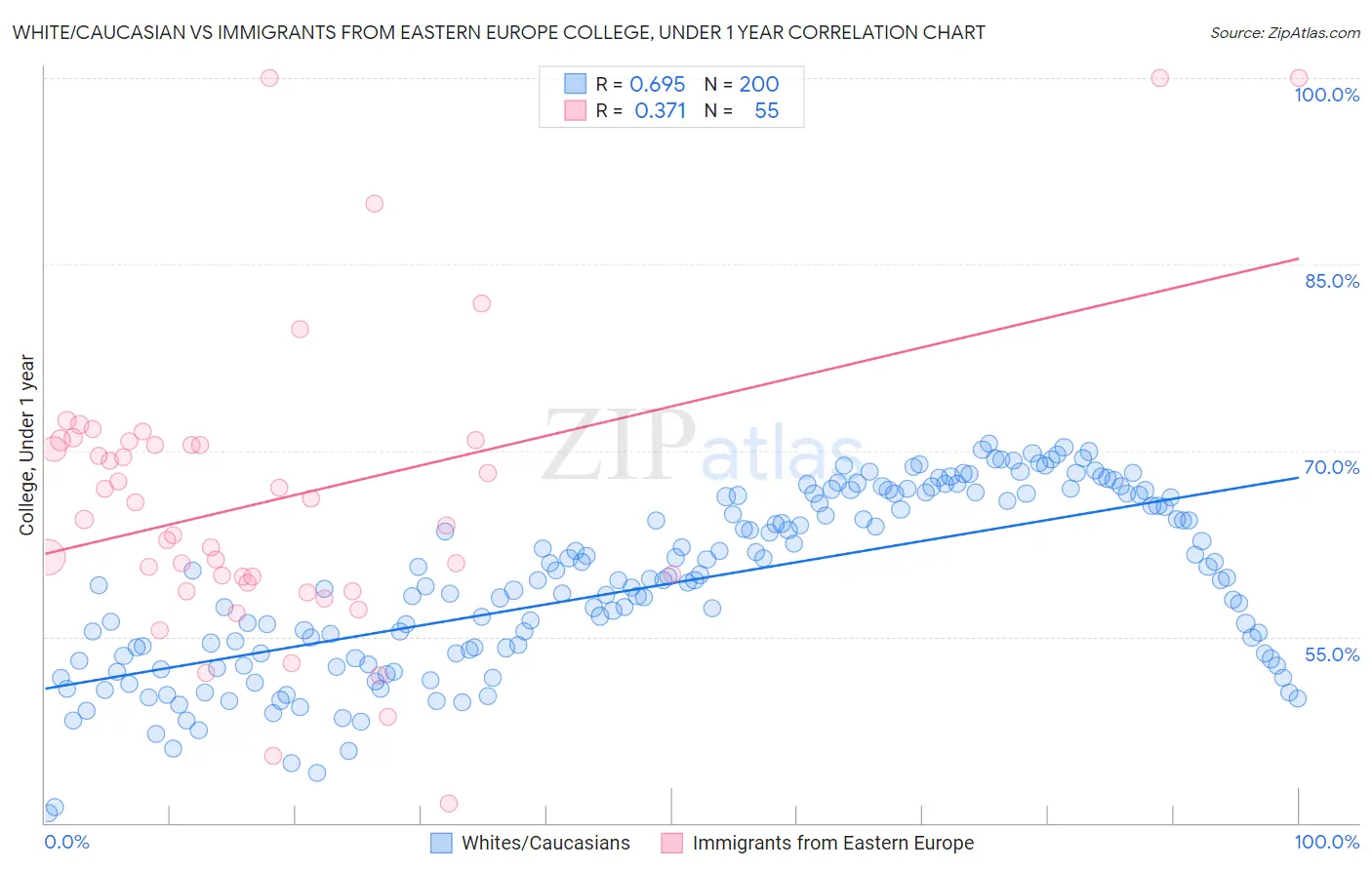 White/Caucasian vs Immigrants from Eastern Europe College, Under 1 year