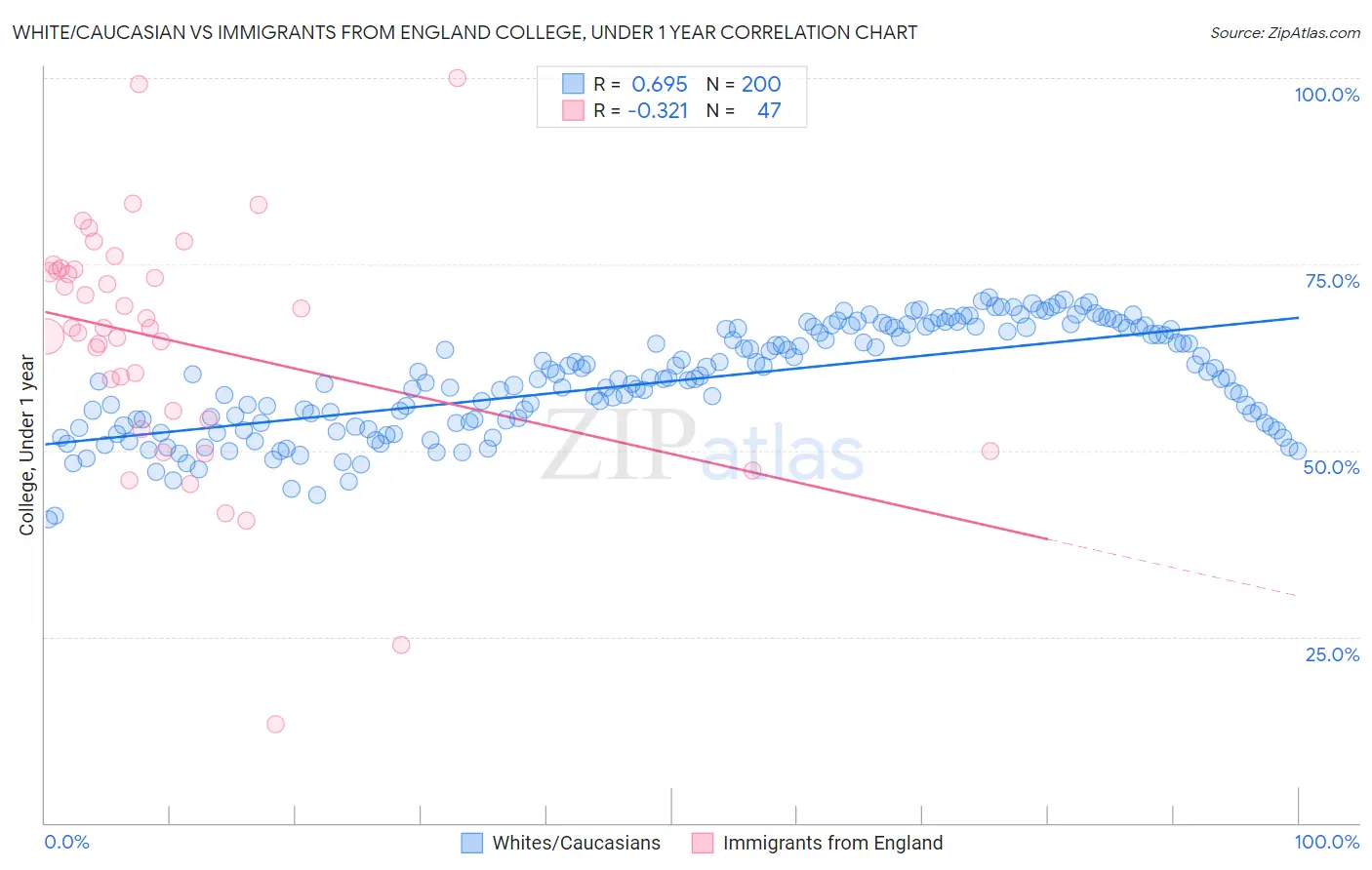 White/Caucasian vs Immigrants from England College, Under 1 year