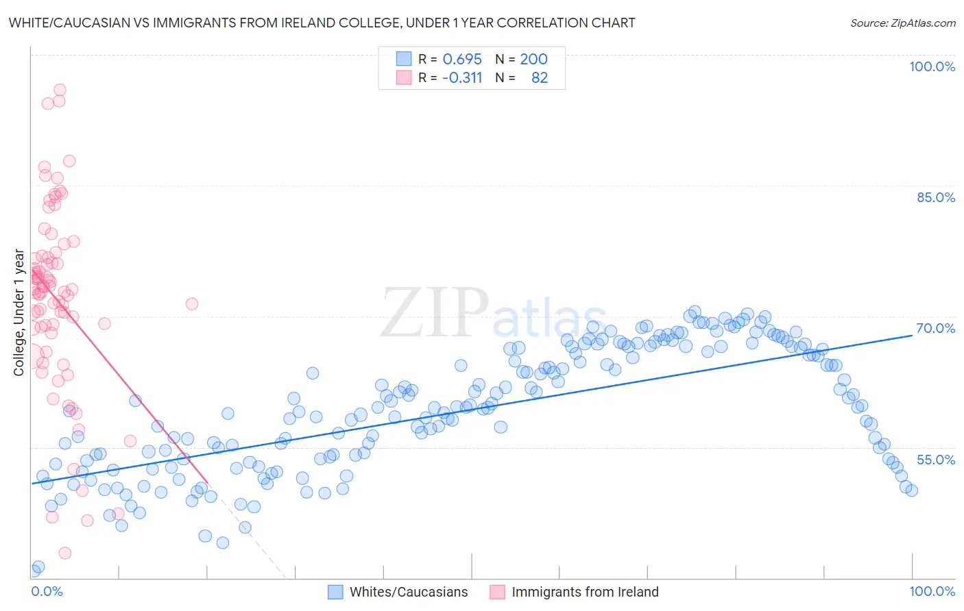 White/Caucasian vs Immigrants from Ireland College, Under 1 year