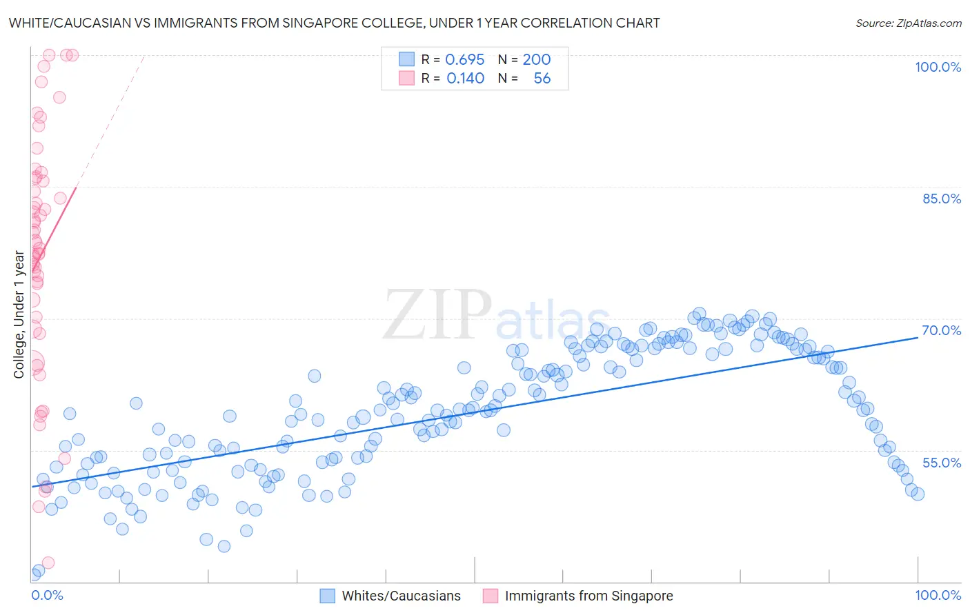 White/Caucasian vs Immigrants from Singapore College, Under 1 year