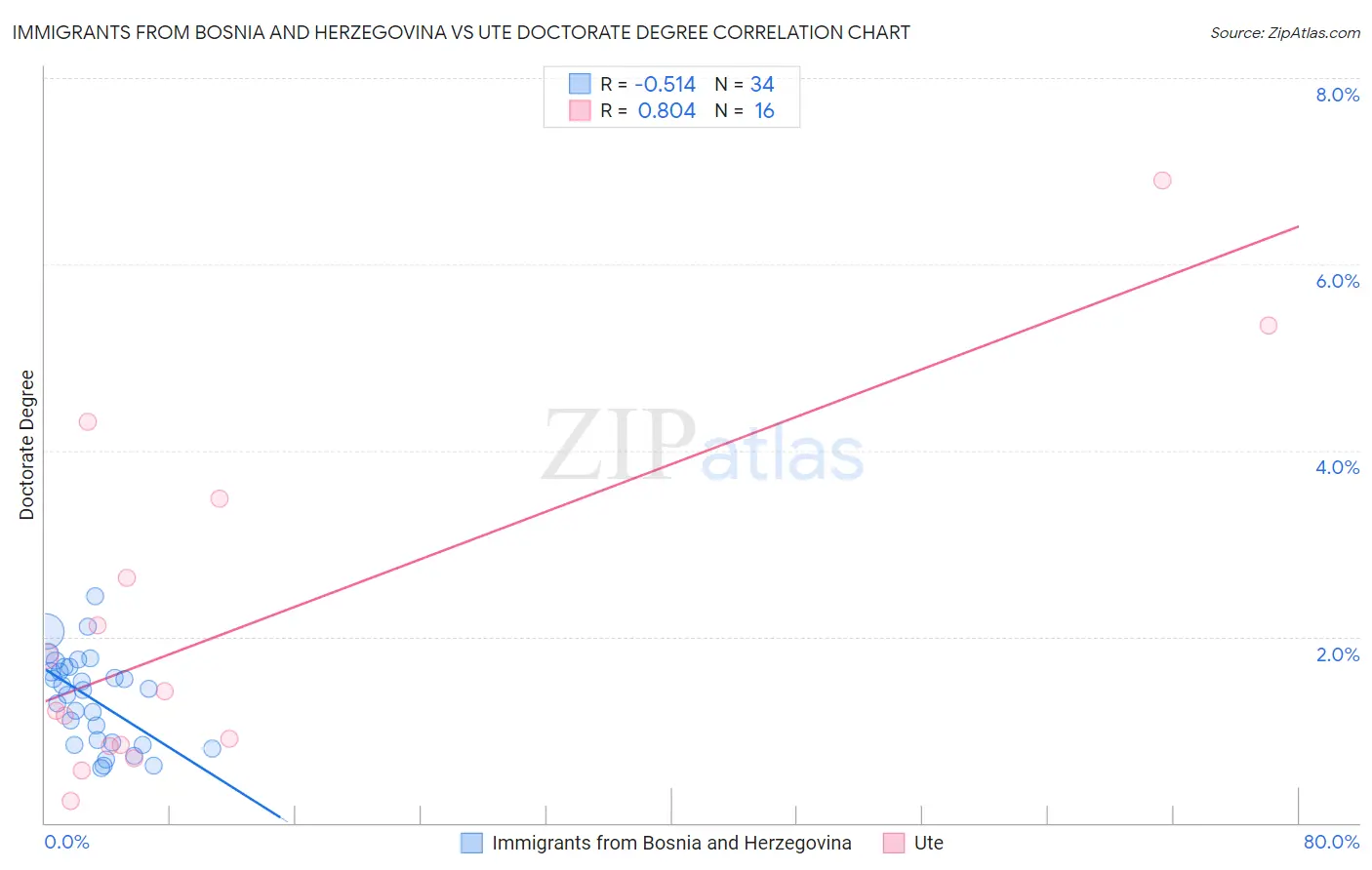 Immigrants from Bosnia and Herzegovina vs Ute Doctorate Degree