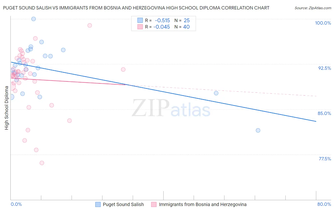 Puget Sound Salish vs Immigrants from Bosnia and Herzegovina High School Diploma