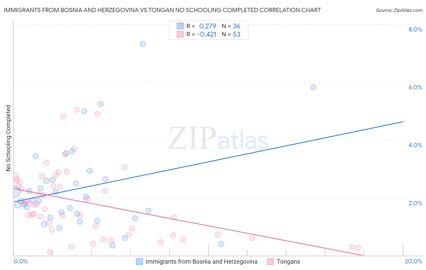 Immigrants from Bosnia and Herzegovina vs Tongan No Schooling Completed