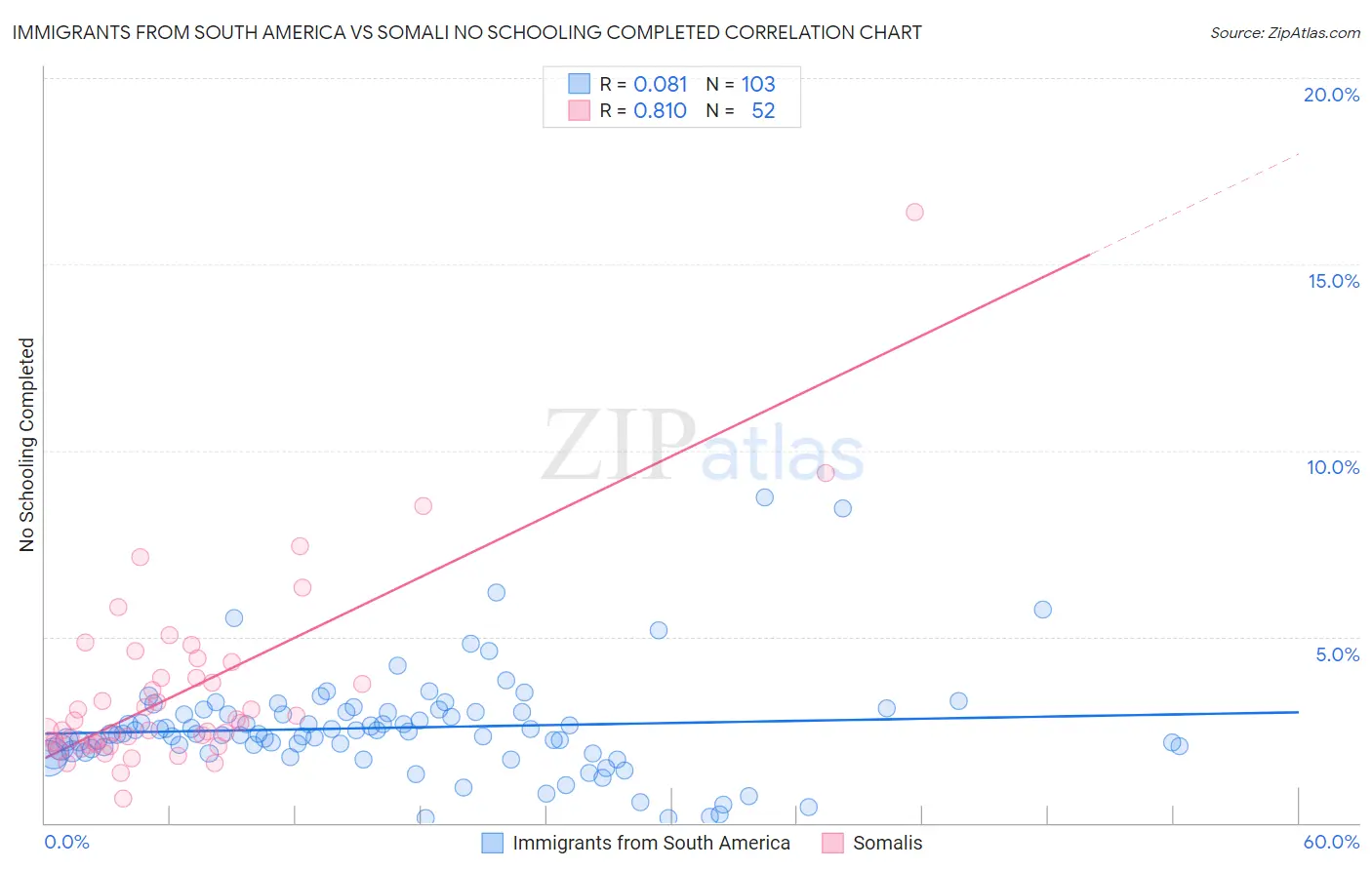Immigrants from South America vs Somali No Schooling Completed