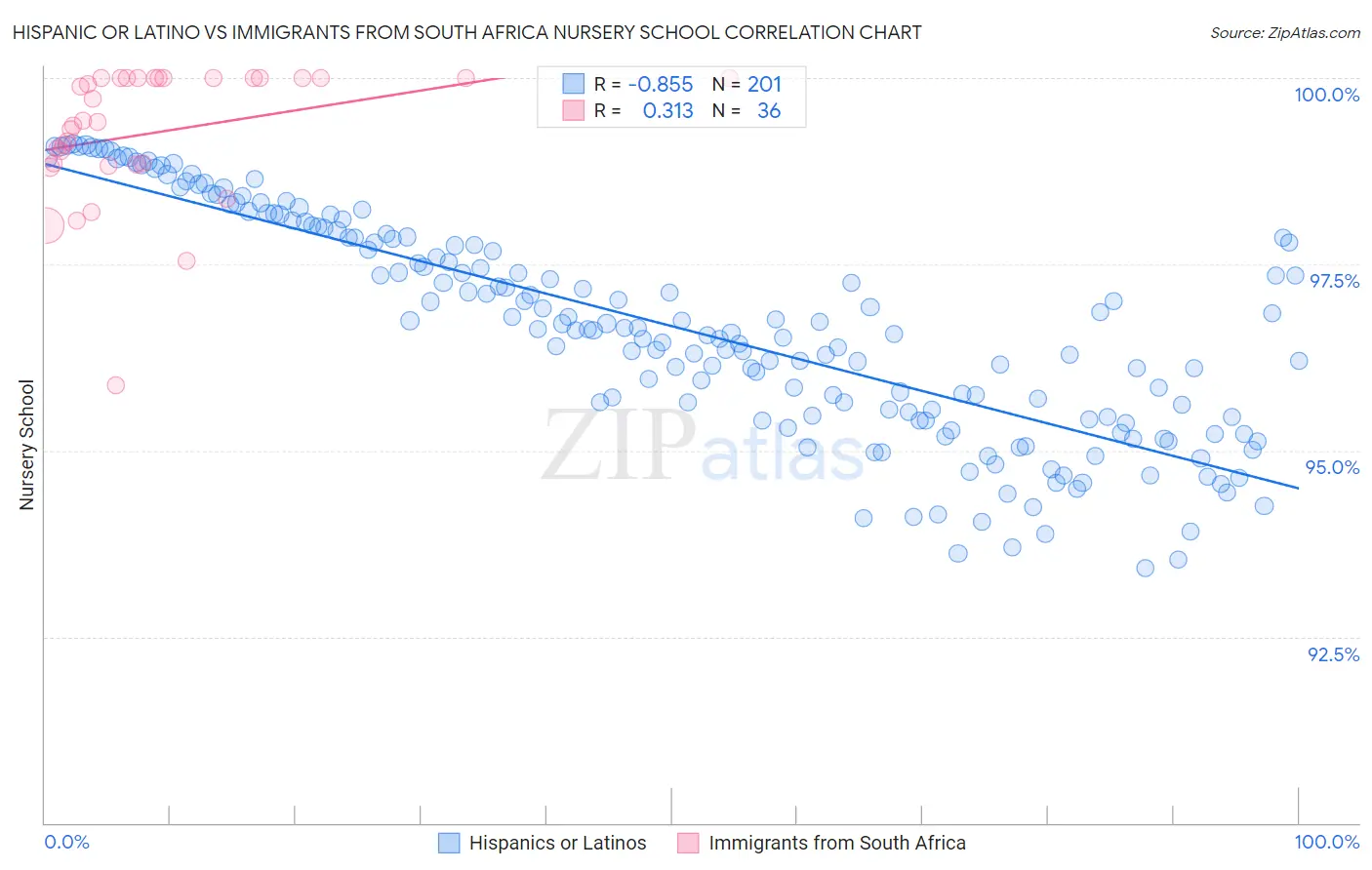 Hispanic or Latino vs Immigrants from South Africa Nursery School
