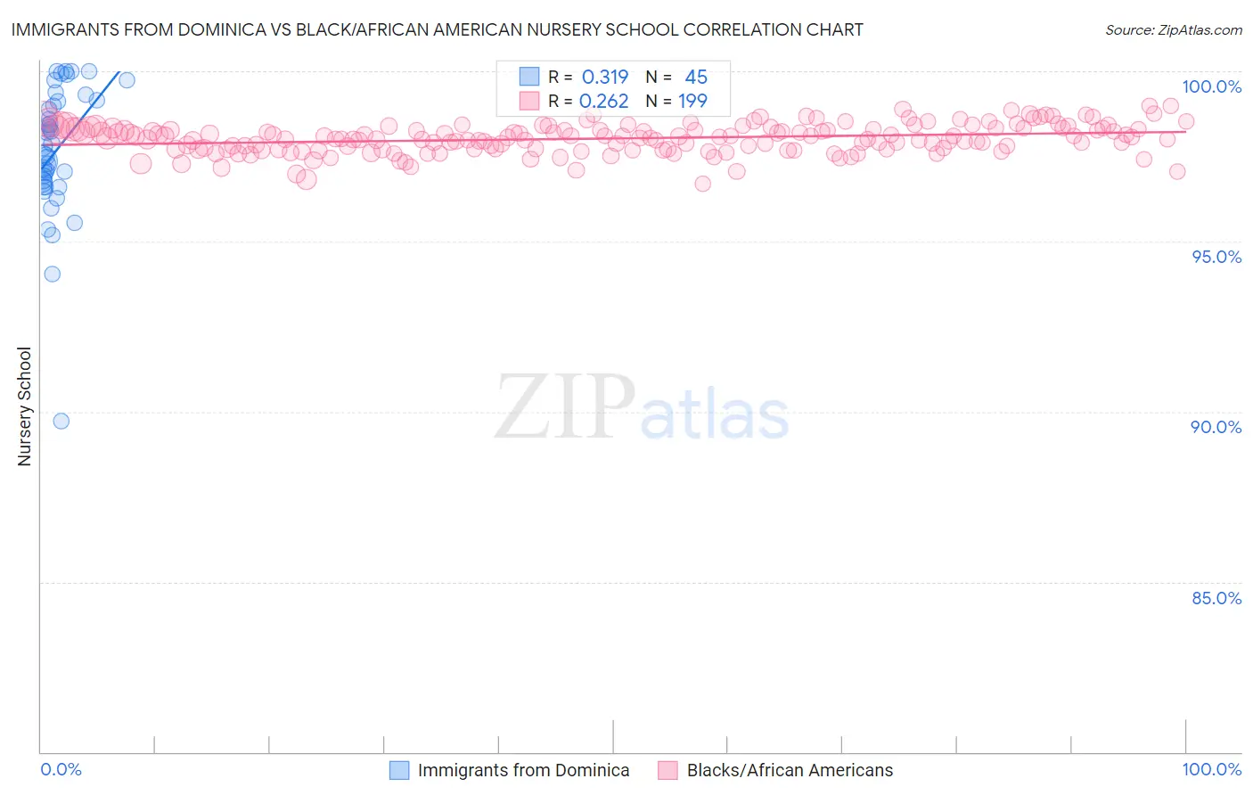 Immigrants from Dominica vs Black/African American Nursery School