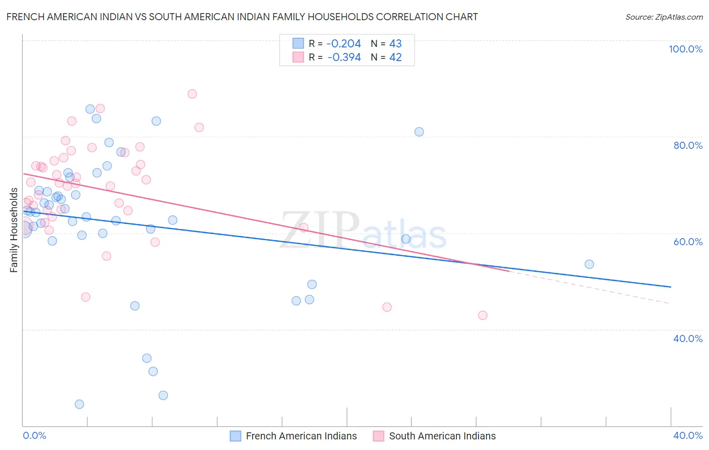 French American Indian vs South American Indian Family Households