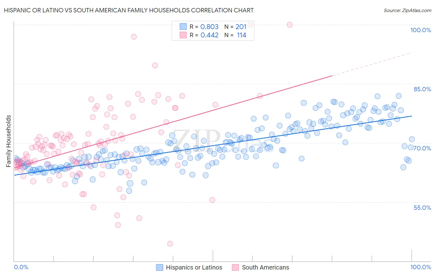 Hispanic or Latino vs South American Family Households