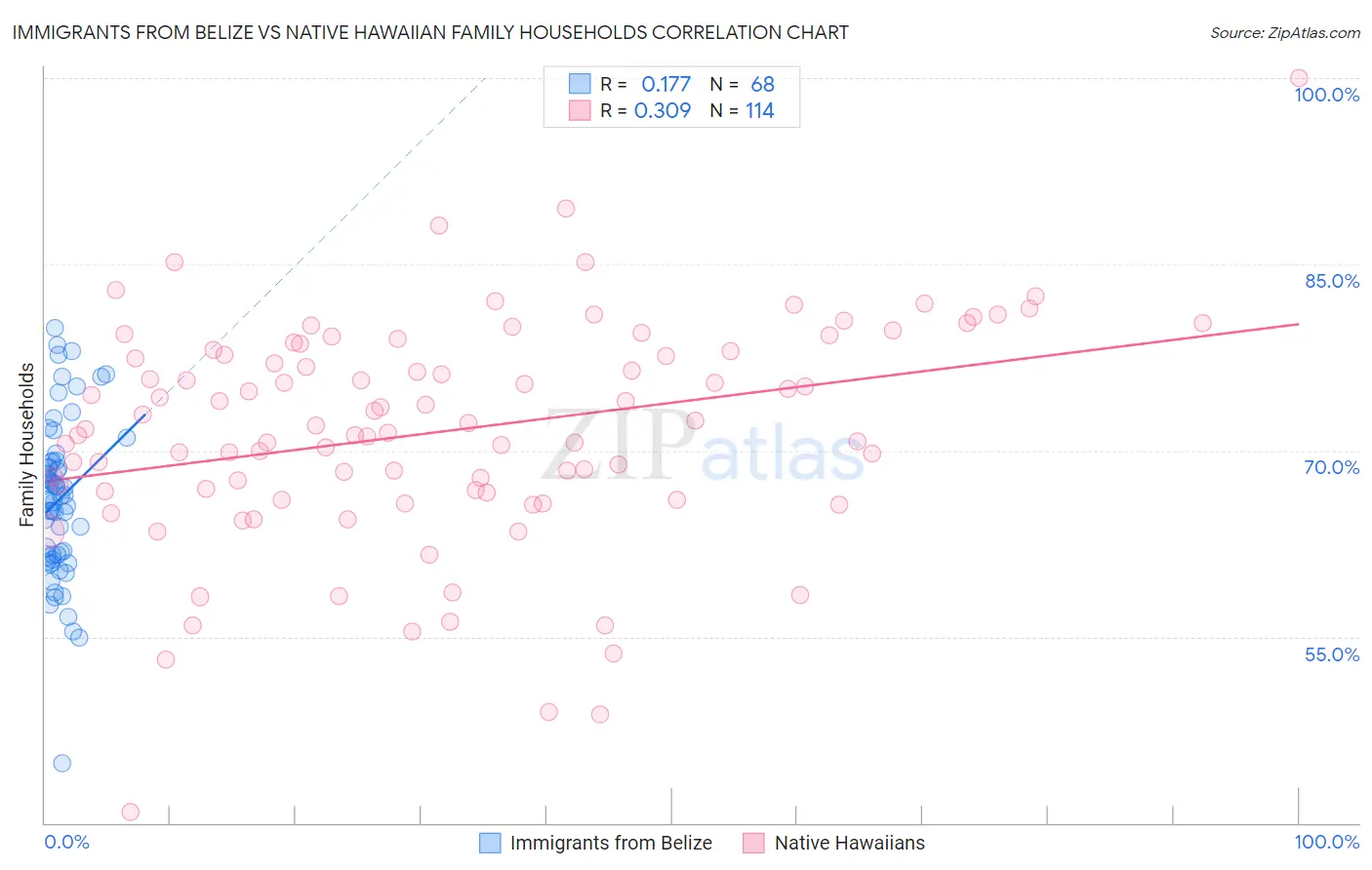 Immigrants from Belize vs Native Hawaiian Family Households