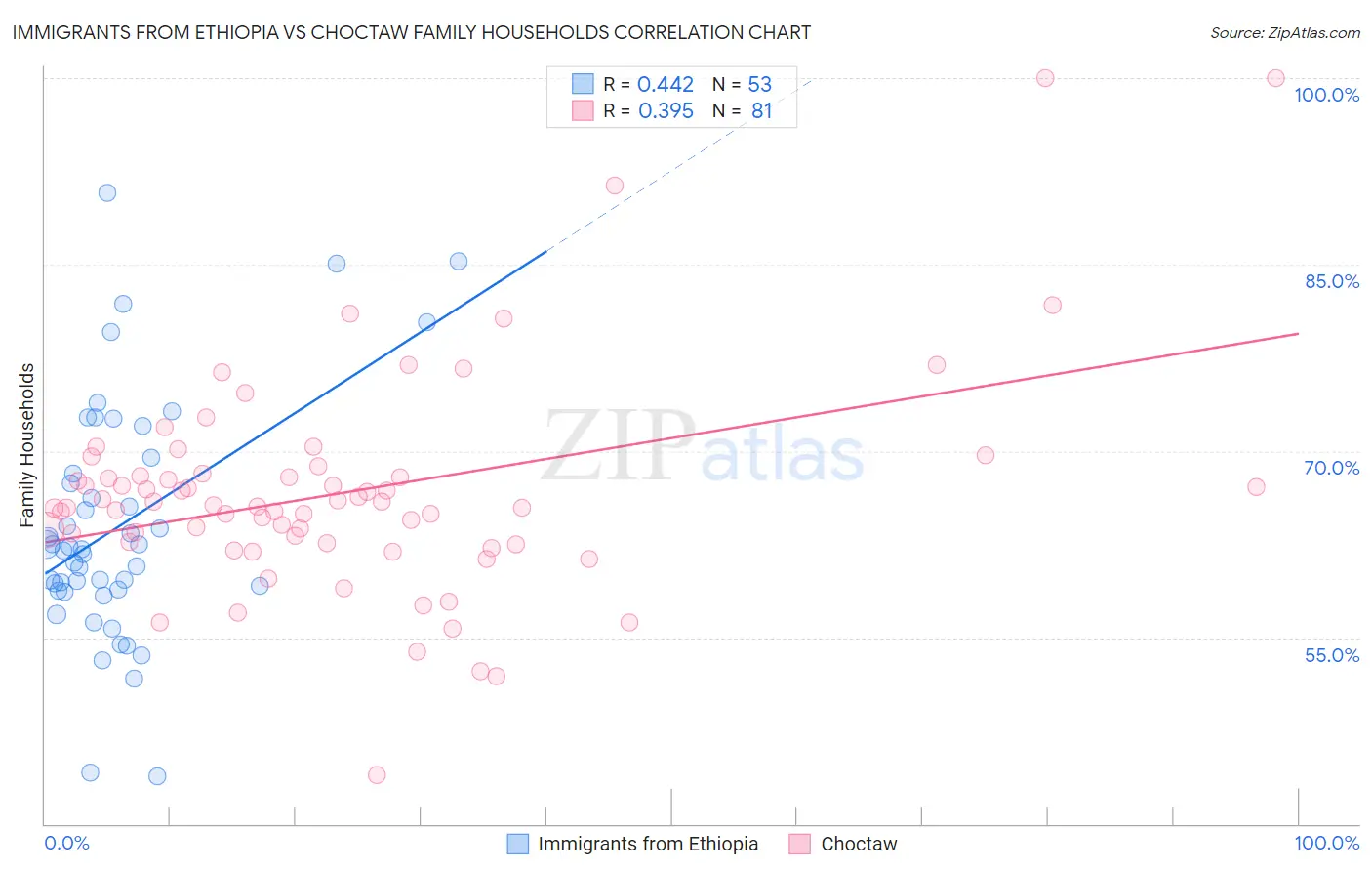 Immigrants from Ethiopia vs Choctaw Family Households
