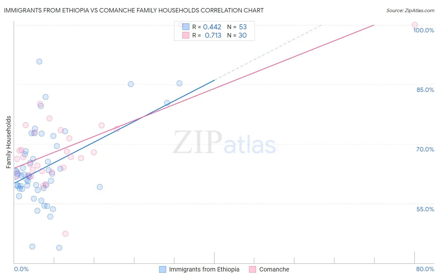 Immigrants from Ethiopia vs Comanche Family Households