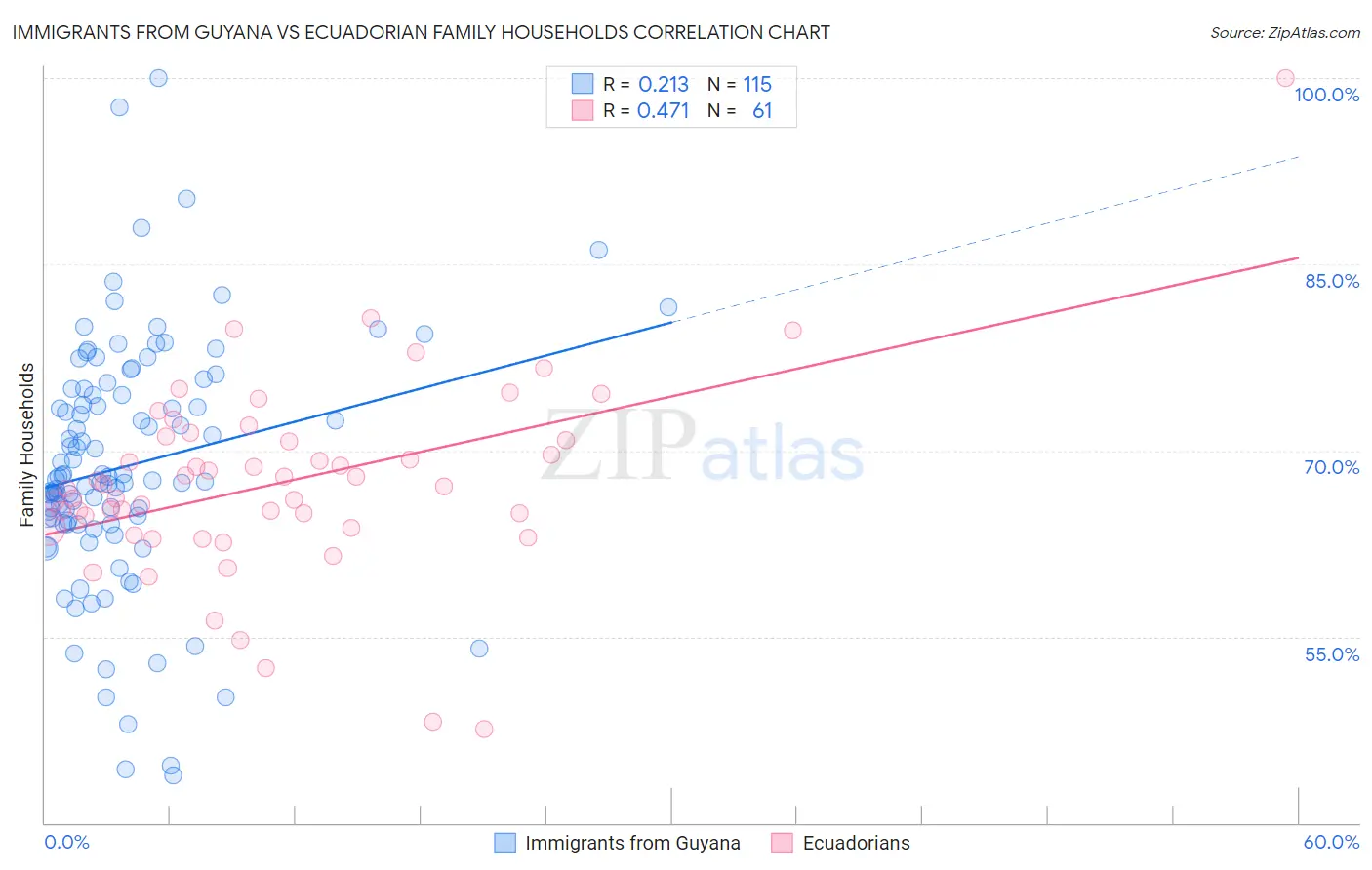 Immigrants from Guyana vs Ecuadorian Family Households