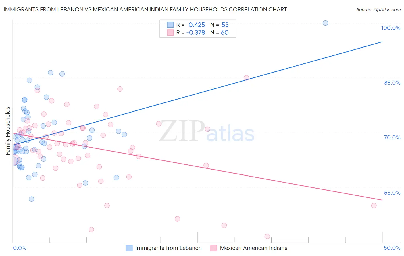 Immigrants from Lebanon vs Mexican American Indian Family Households