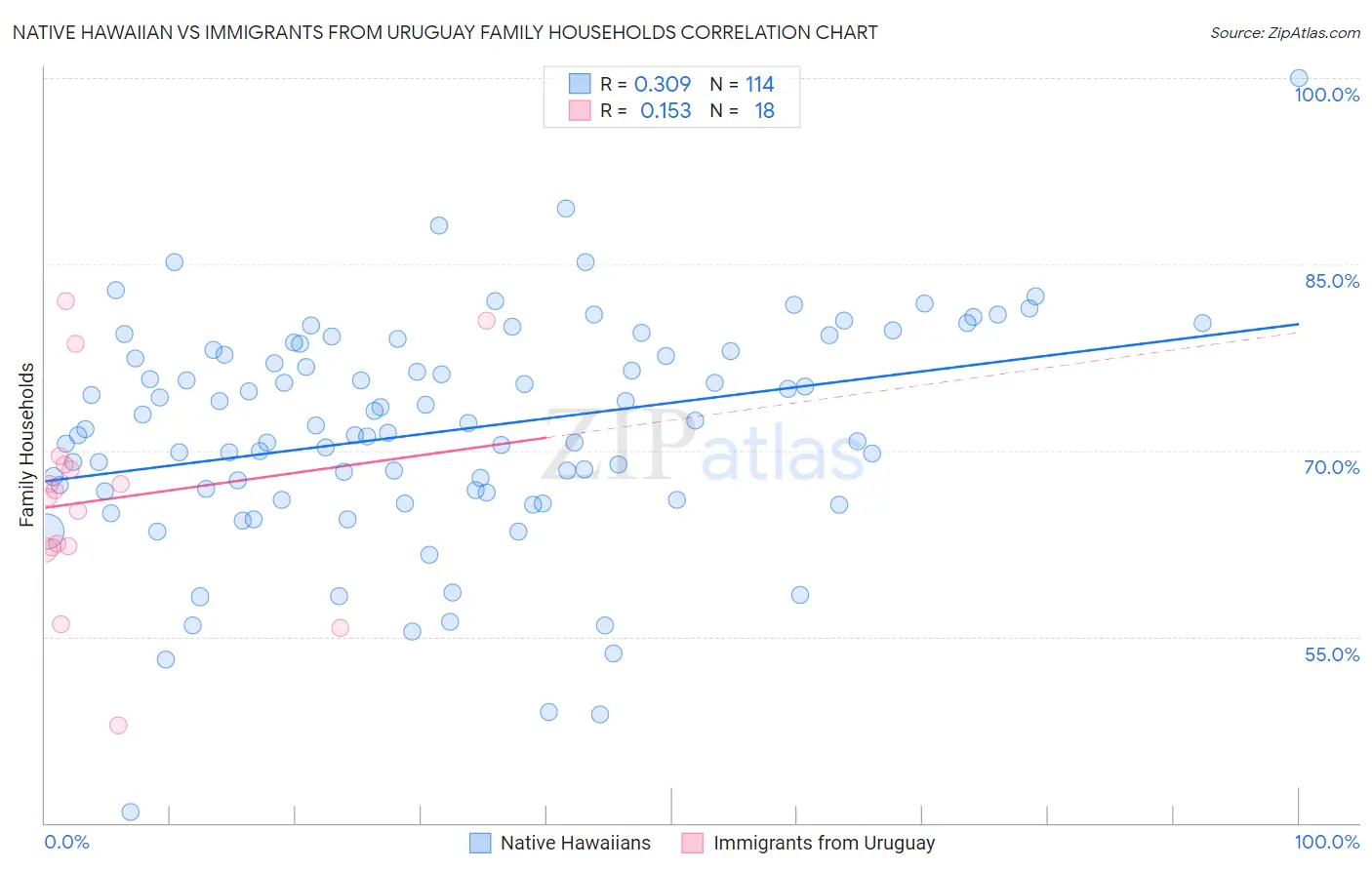 Native Hawaiian vs Immigrants from Uruguay Family Households