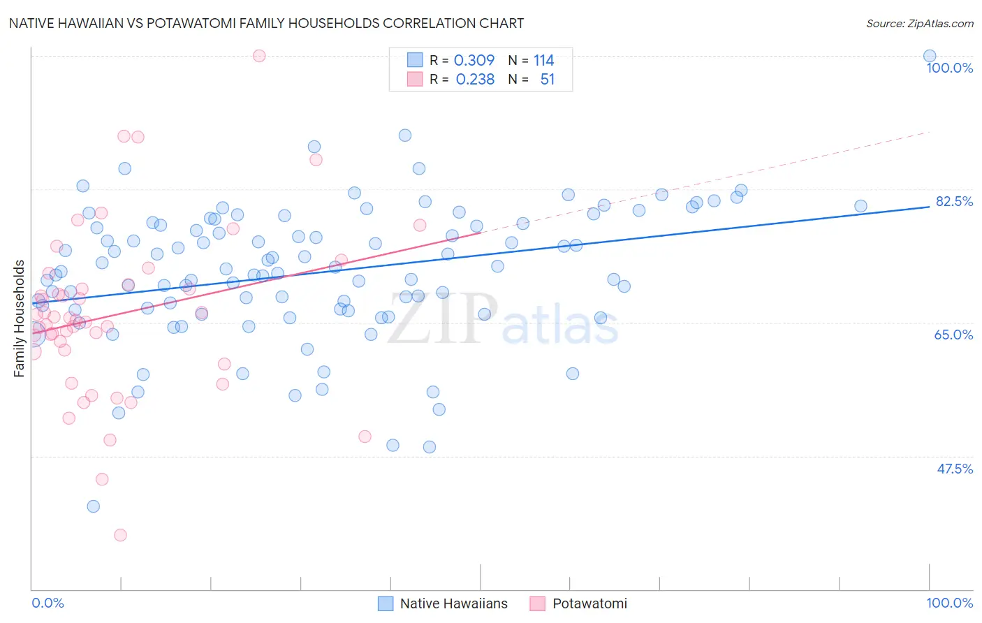 Native Hawaiian vs Potawatomi Family Households
