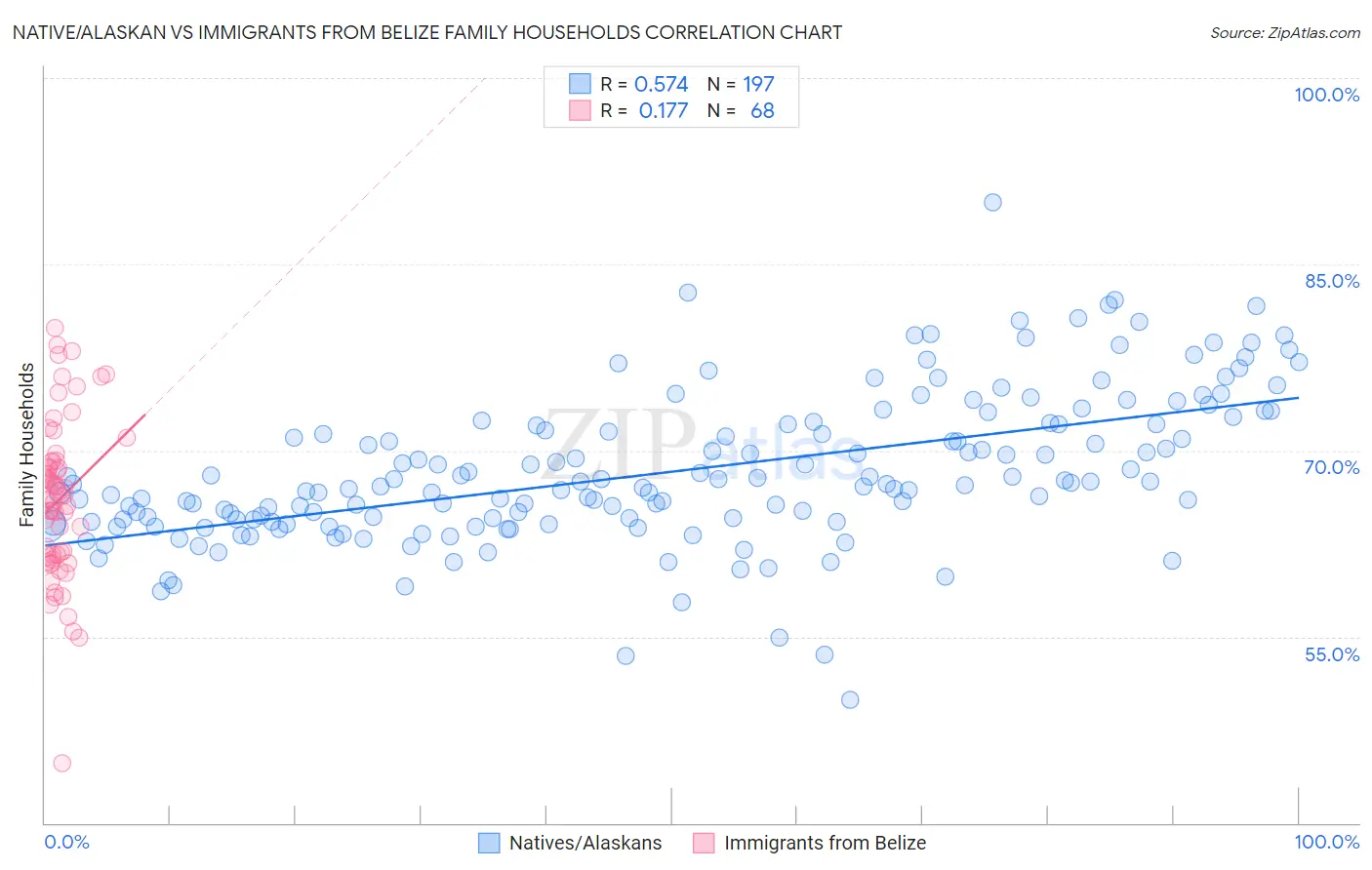 Native/Alaskan vs Immigrants from Belize Family Households