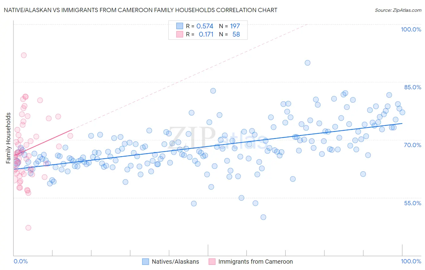 Native/Alaskan vs Immigrants from Cameroon Family Households