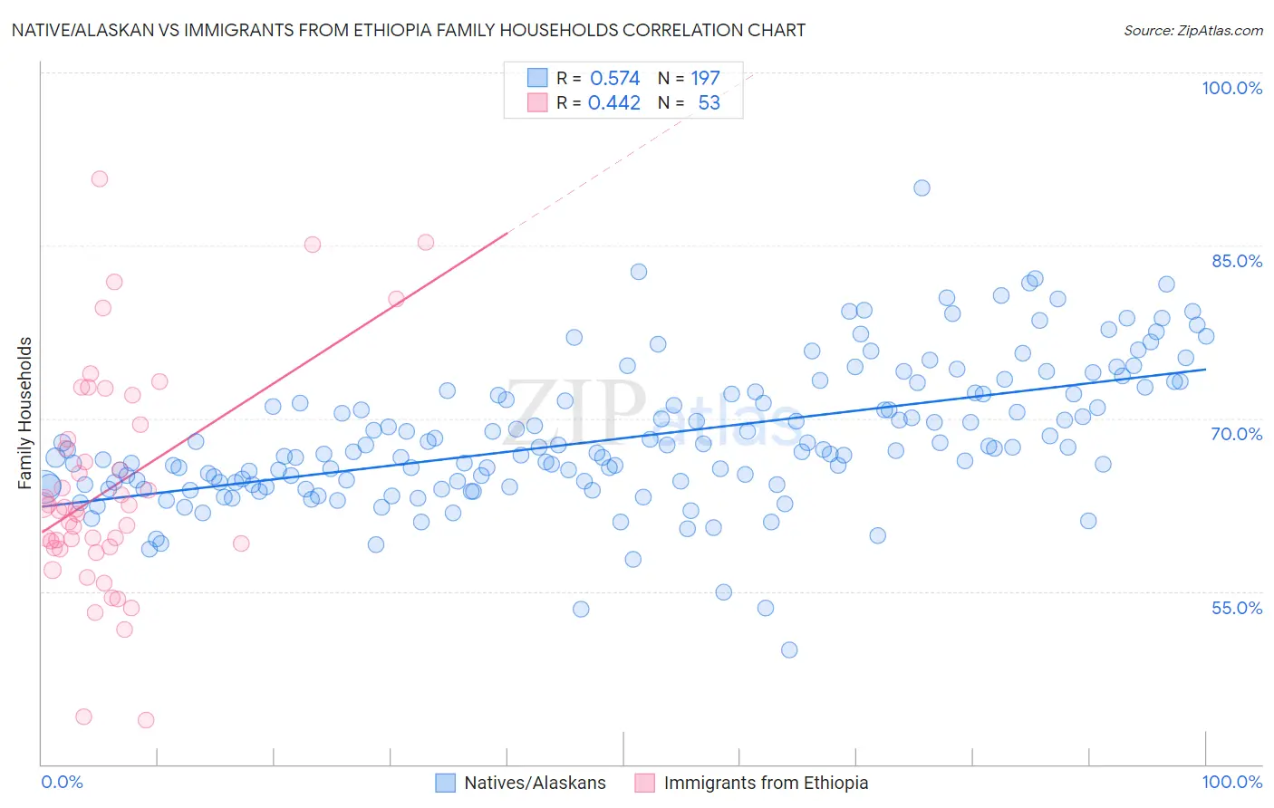 Native/Alaskan vs Immigrants from Ethiopia Family Households