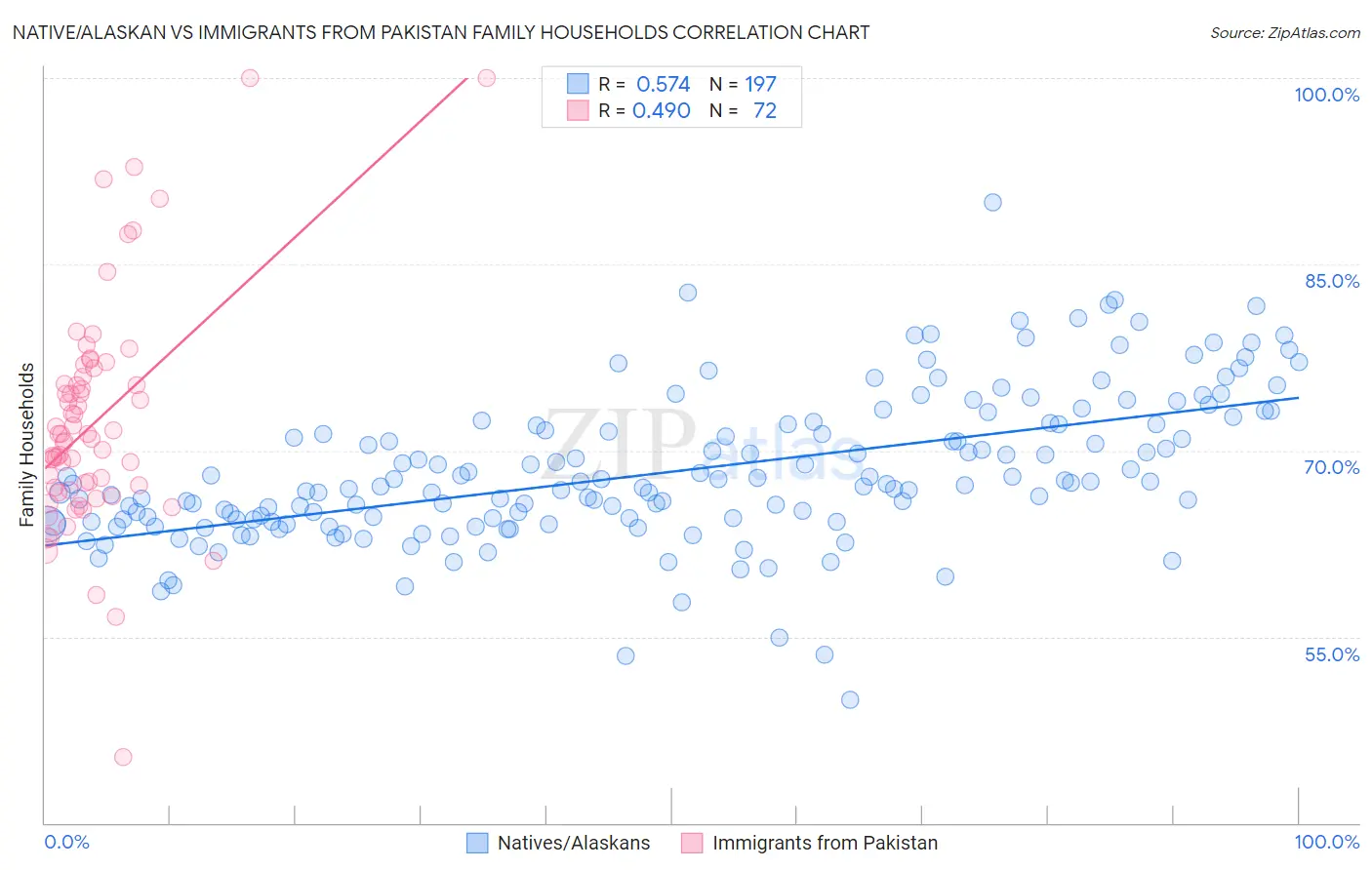 Native/Alaskan vs Immigrants from Pakistan Family Households