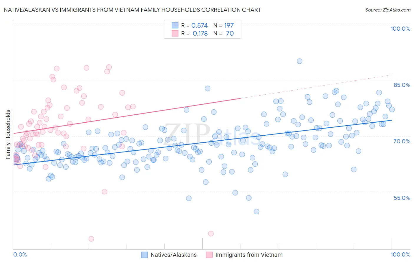 Native/Alaskan vs Immigrants from Vietnam Family Households