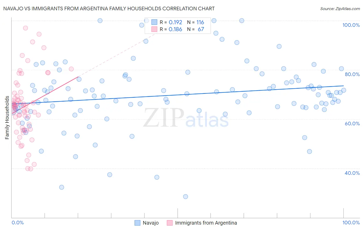Navajo vs Immigrants from Argentina Family Households