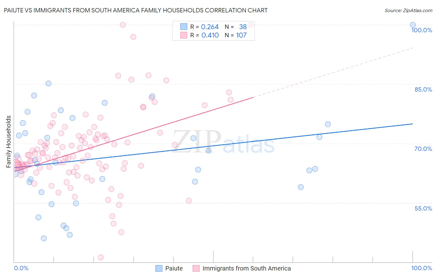 Paiute vs Immigrants from South America Family Households