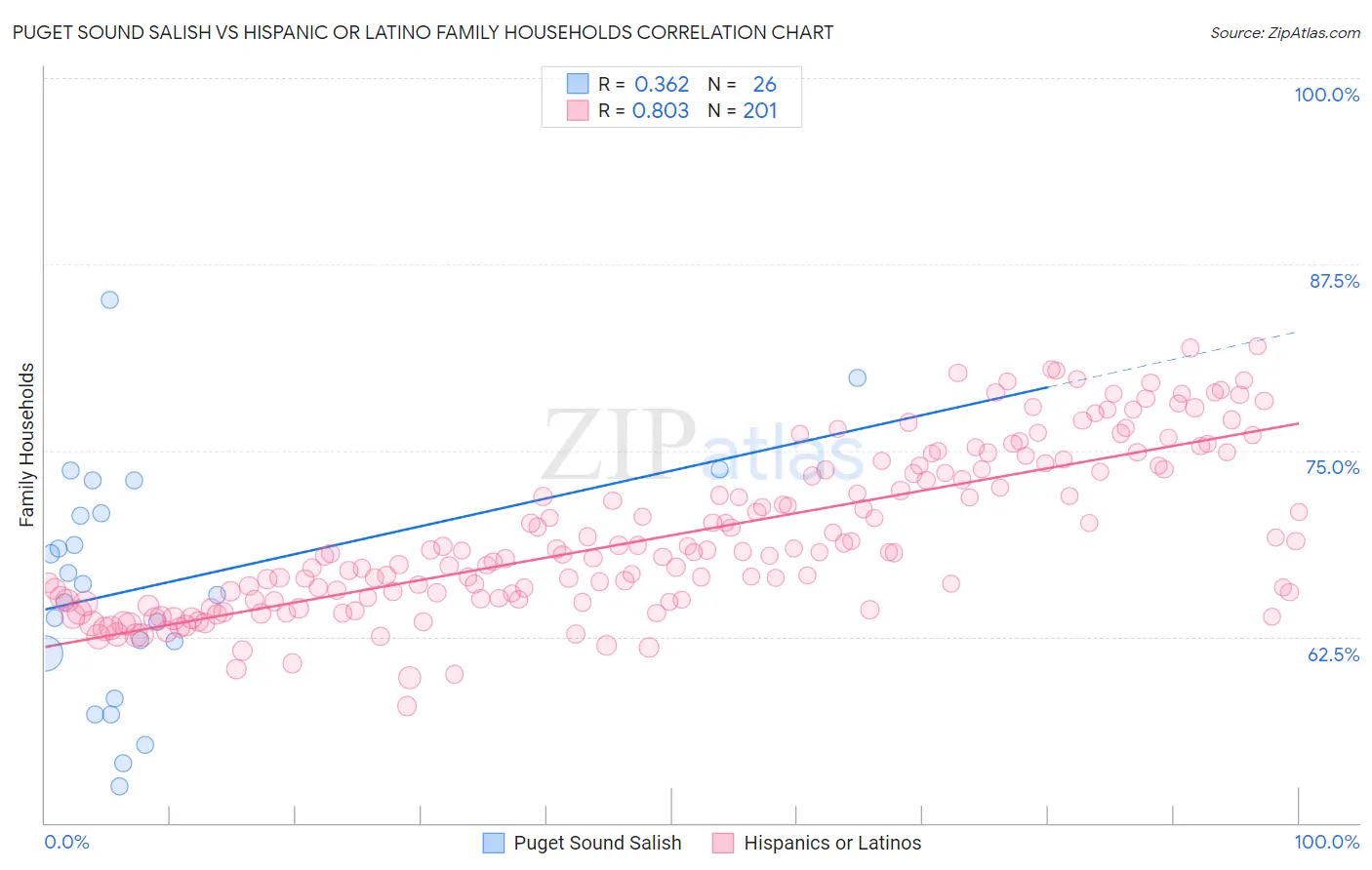 Puget Sound Salish vs Hispanic or Latino Family Households
